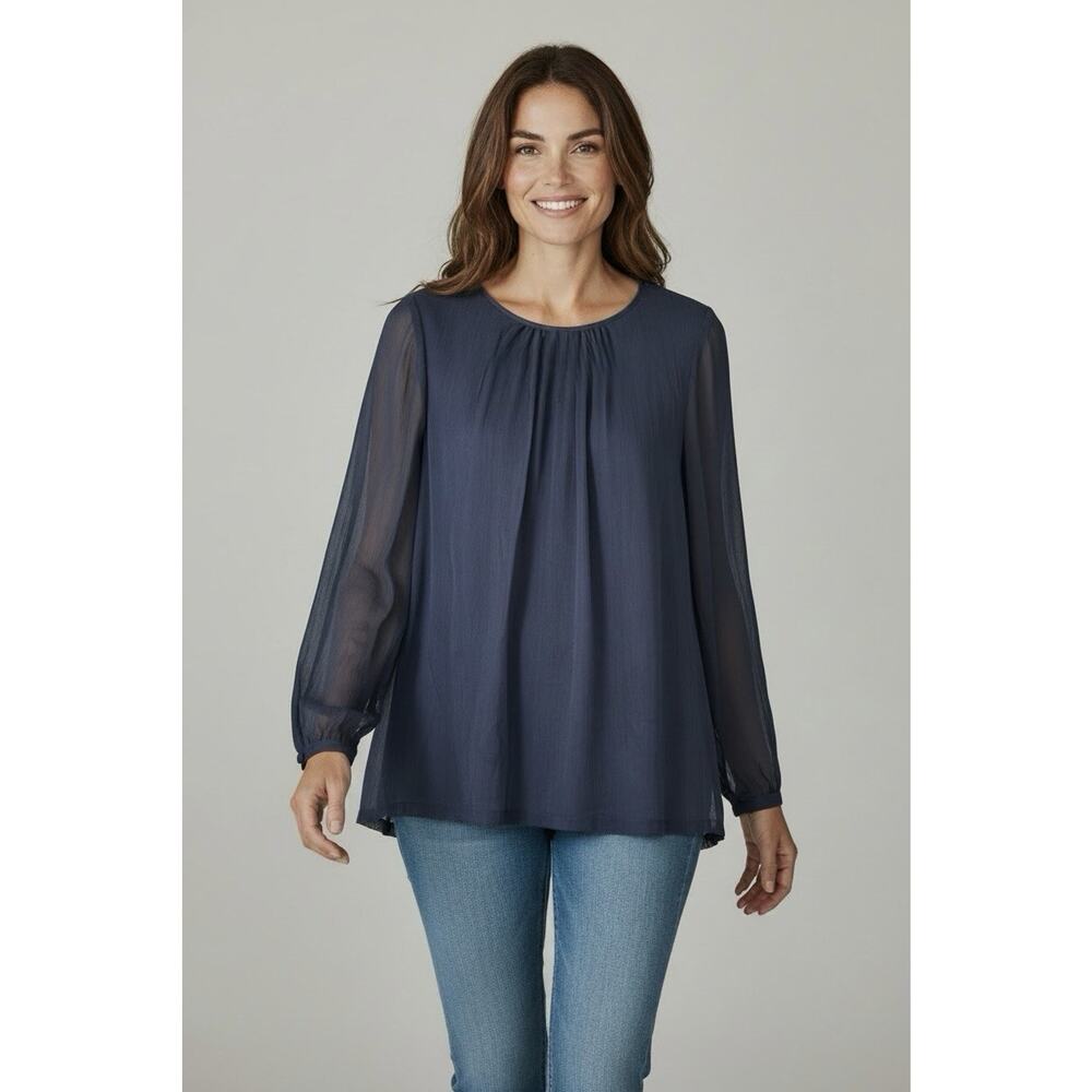 Boden Women's Top Navy Blue Sheer Long Sleeve Blouse Size 12 Preppy Comfortable